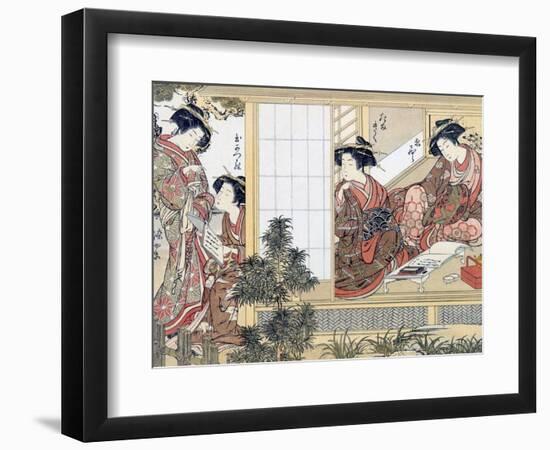 Japanese Women Reading and Writing (Colour Woodblock Print)-Katsukawa Shunsho-Framed Giclee Print