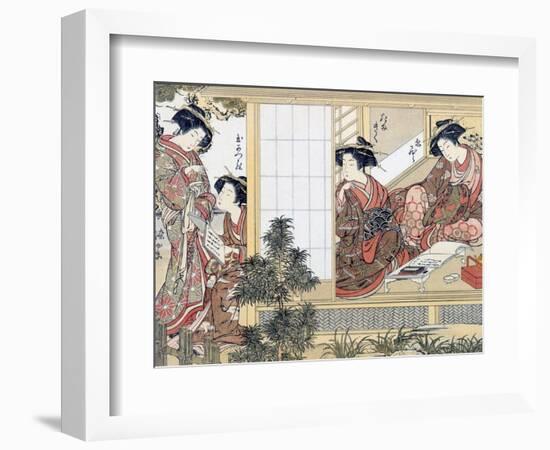 Japanese Women Reading and Writing (Colour Woodblock Print)-Katsukawa Shunsho-Framed Giclee Print