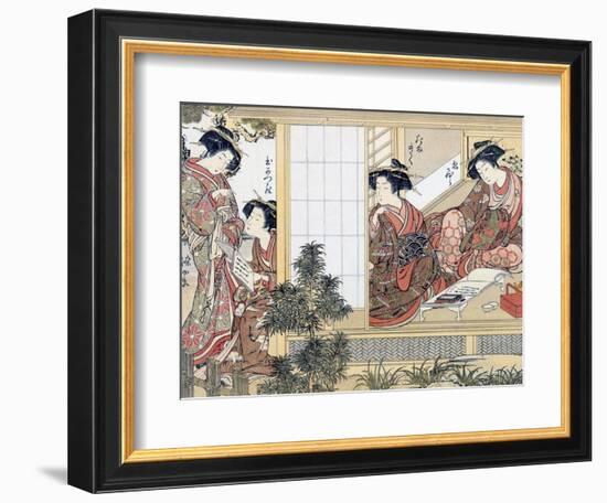 Japanese Women Reading and Writing (Colour Woodblock Print)-Katsukawa Shunsho-Framed Giclee Print