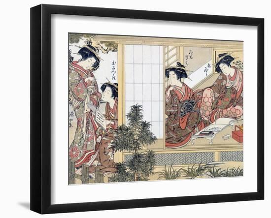 Japanese Women Reading and Writing (Colour Woodblock Print)-Katsukawa Shunsho-Framed Giclee Print