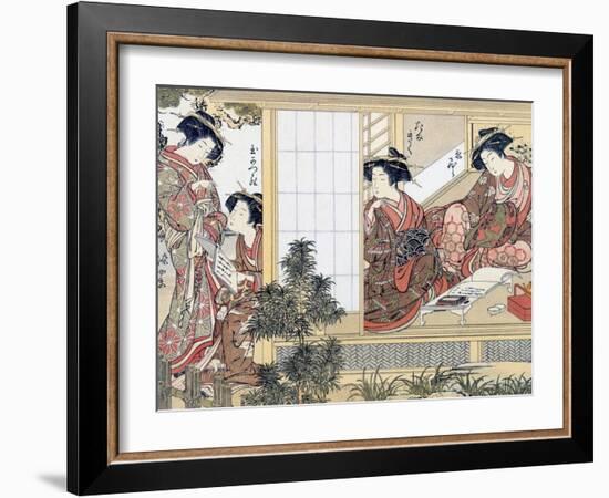 Japanese Women Reading and Writing (Colour Woodblock Print)-Katsukawa Shunsho-Framed Giclee Print