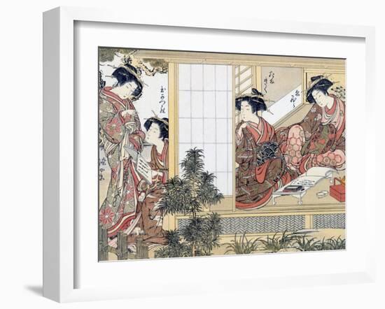 Japanese Women Reading and Writing (Colour Woodblock Print)-Katsukawa Shunsho-Framed Giclee Print