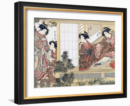 Japanese Women Reading and Writing (Colour Woodblock Print)-Katsukawa Shunsho-Framed Giclee Print