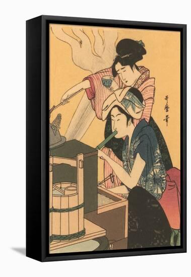 Japanese Woodblock, Cooking-null-Framed Stretched Canvas