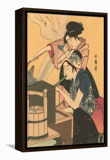 Japanese Woodblock, Cooking-null-Framed Stretched Canvas