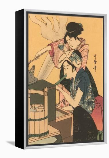 Japanese Woodblock, Cooking-null-Framed Stretched Canvas