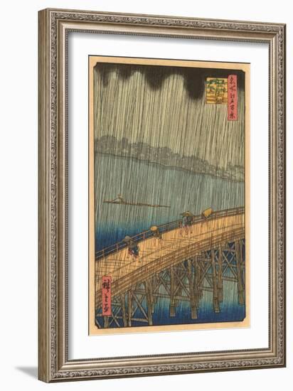 Japanese Woodblock, Crossing Bridge in Rain-null-Framed Art Print