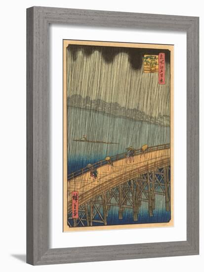 Japanese Woodblock, Crossing Bridge in Rain-null-Framed Art Print