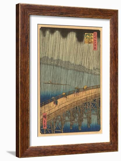 Japanese Woodblock, Crossing Bridge in Rain-null-Framed Art Print