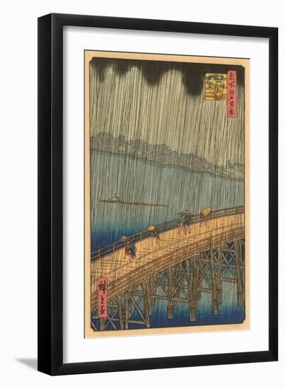 Japanese Woodblock, Crossing Bridge in Rain-null-Framed Art Print