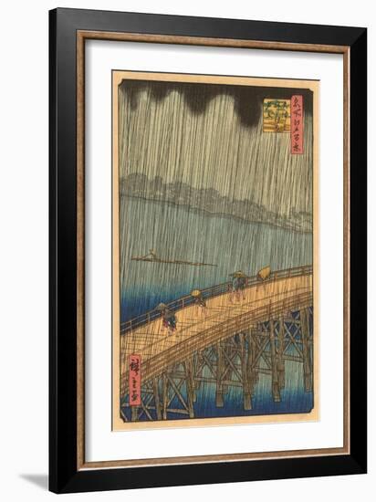 Japanese Woodblock, Crossing Bridge in Rain-null-Framed Art Print