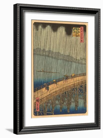 Japanese Woodblock, Crossing Bridge in Rain-null-Framed Art Print