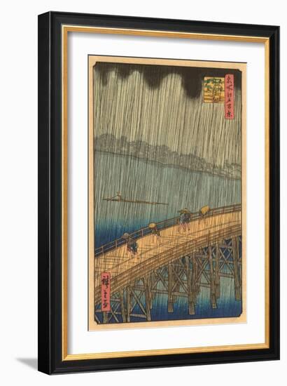 Japanese Woodblock, Crossing Bridge in Rain-null-Framed Art Print