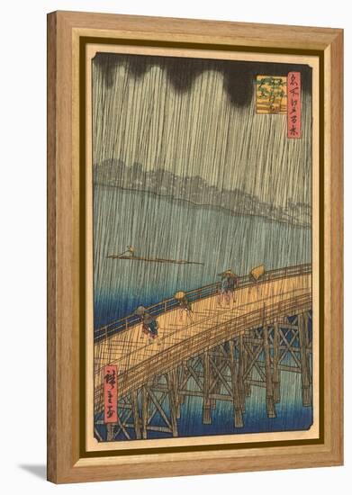 Japanese Woodblock, Crossing Bridge in Rain-null-Framed Stretched Canvas