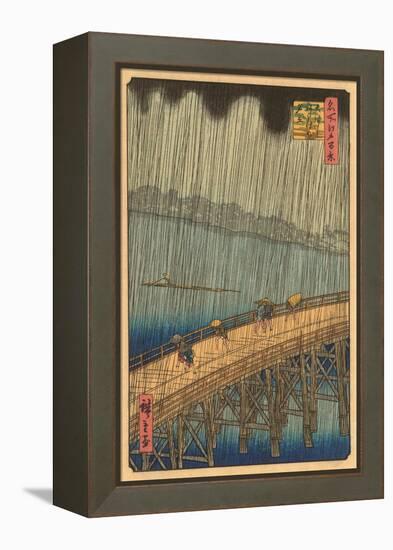 Japanese Woodblock, Crossing Bridge in Rain-null-Framed Stretched Canvas