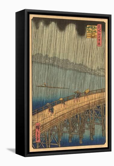 Japanese Woodblock, Crossing Bridge in Rain-null-Framed Stretched Canvas
