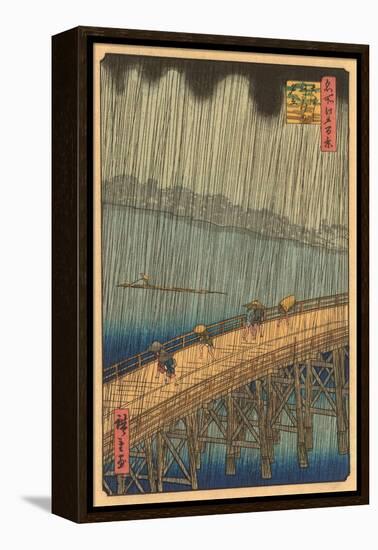 Japanese Woodblock, Crossing Bridge in Rain-null-Framed Stretched Canvas