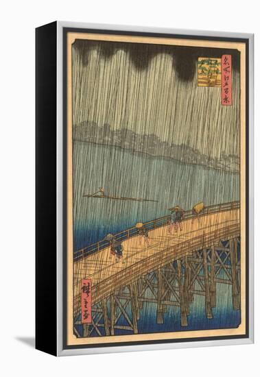Japanese Woodblock, Crossing Bridge in Rain-null-Framed Stretched Canvas