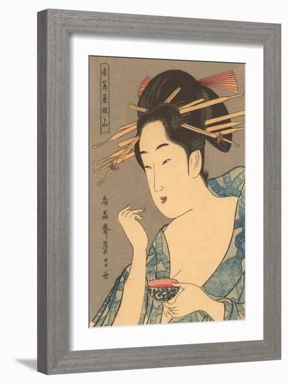 Japanese Woodblock, Lady Applying Lip Gloss-null-Framed Art Print