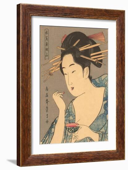 Japanese Woodblock, Lady Applying Lip Gloss-null-Framed Art Print