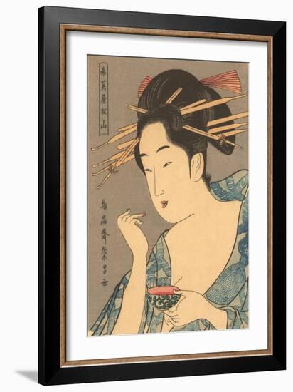 Japanese Woodblock, Lady Applying Lip Gloss-null-Framed Art Print