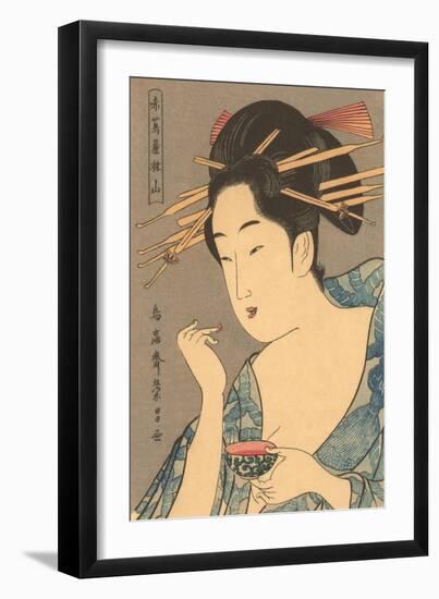 Japanese Woodblock, Lady Applying Lip Gloss-null-Framed Art Print