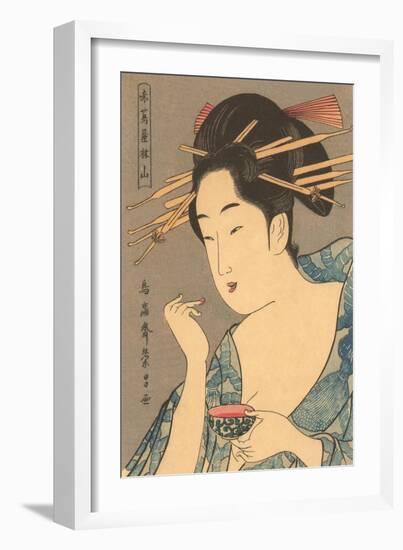 Japanese Woodblock, Lady Applying Lip Gloss-null-Framed Art Print