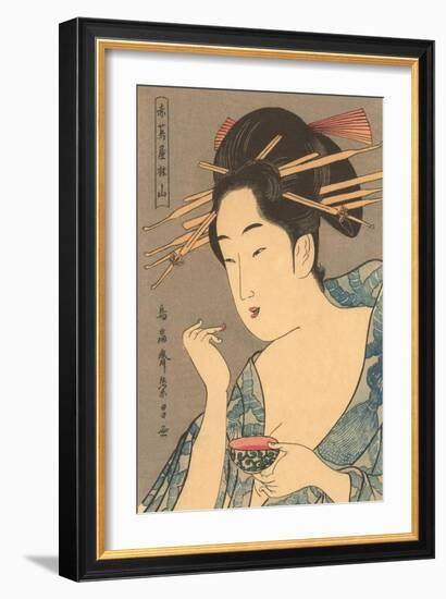 Japanese Woodblock, Lady Applying Lip Gloss-null-Framed Art Print