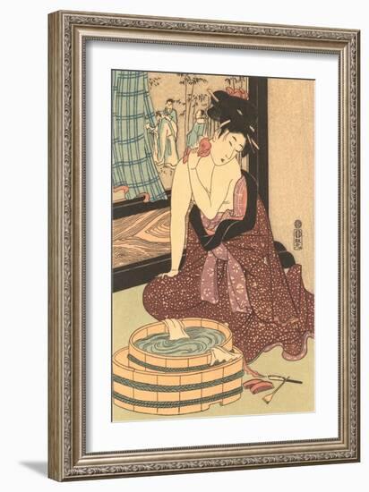 Japanese Woodblock, Lady at Bath-null-Framed Premium Giclee Print