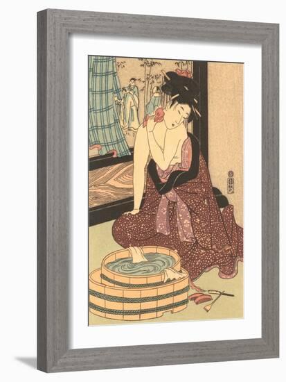 Japanese Woodblock, Lady at Bath-null-Framed Premium Giclee Print
