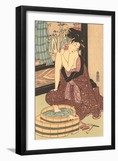 Japanese Woodblock, Lady at Bath-null-Framed Premium Giclee Print