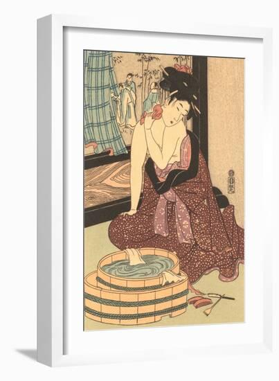 Japanese Woodblock, Lady at Bath-null-Framed Premium Giclee Print