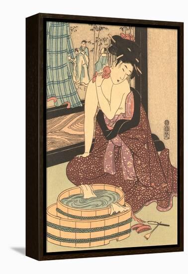 Japanese Woodblock, Lady at Bath-null-Framed Stretched Canvas