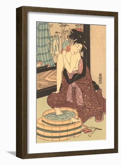 Japanese Woodblock, Lady at Bath-null-Framed Art Print