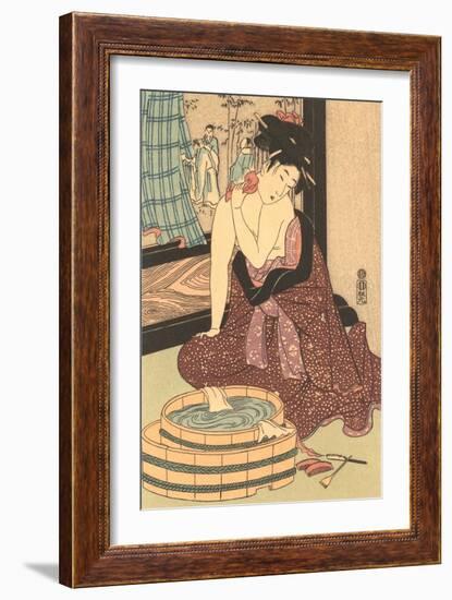 Japanese Woodblock, Lady at Bath-null-Framed Art Print