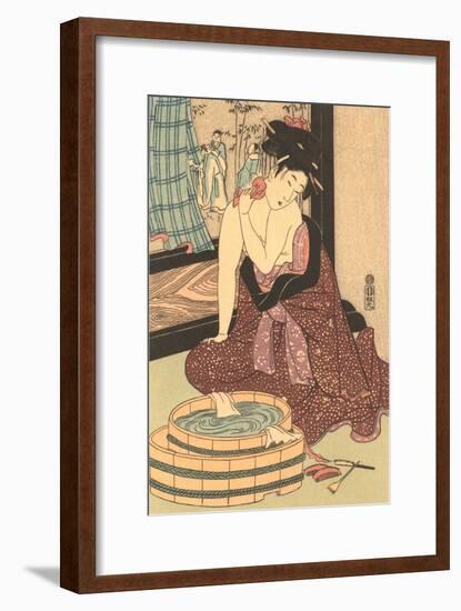 Japanese Woodblock, Lady at Bath-null-Framed Art Print