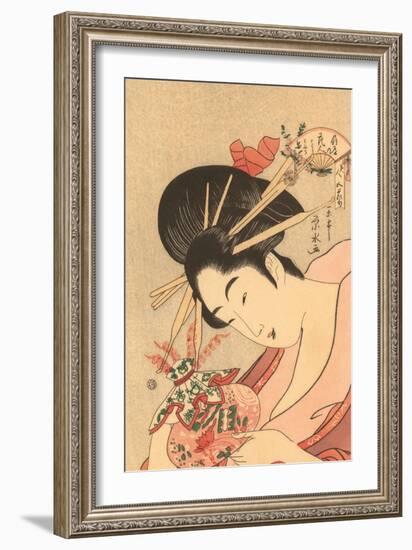 Japanese Woodblock, Lady with Curly Straws-null-Framed Art Print