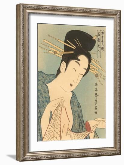 Japanese Woodblock, Lady with Scroll-null-Framed Art Print