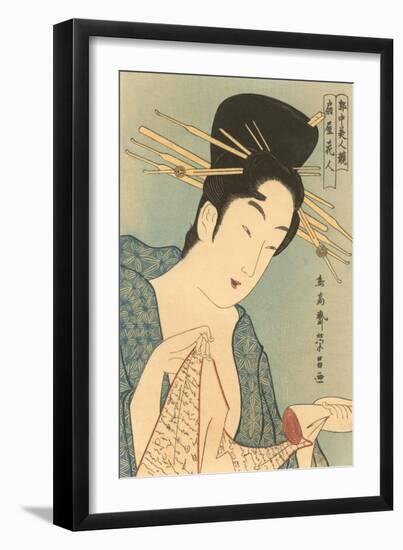 Japanese Woodblock, Lady with Scroll-null-Framed Art Print