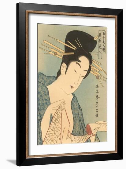 Japanese Woodblock, Lady with Scroll-null-Framed Art Print