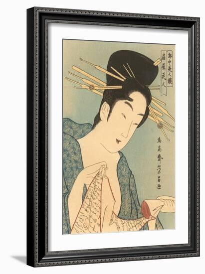 Japanese Woodblock, Lady with Scroll-null-Framed Art Print