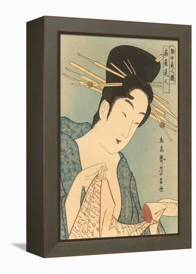 Japanese Woodblock, Lady with Scroll-null-Framed Stretched Canvas