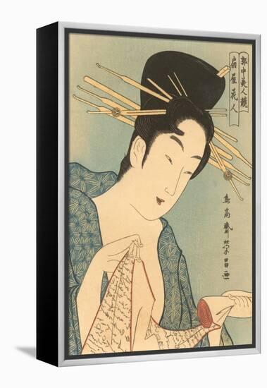 Japanese Woodblock, Lady with Scroll-null-Framed Stretched Canvas