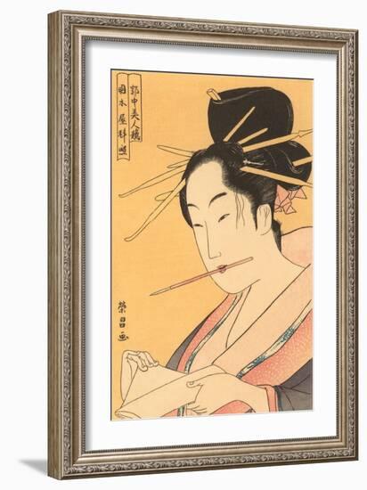 Japanese Woodblock, Woman about to Write-null-Framed Art Print