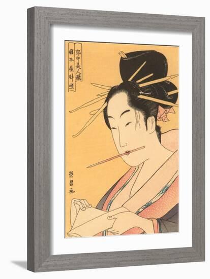 Japanese Woodblock, Woman about to Write-null-Framed Art Print