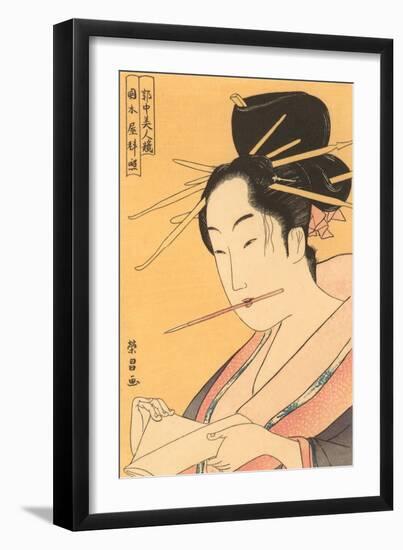 Japanese Woodblock, Woman about to Write-null-Framed Art Print