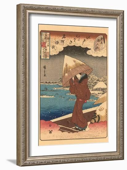 Japanese Woodblock, Woman with Umbrella in Snow-null-Framed Art Print