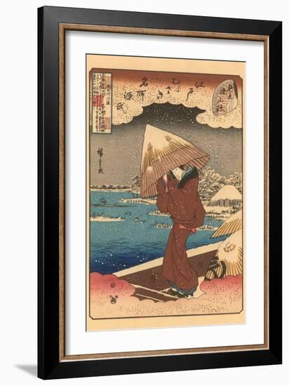 Japanese Woodblock, Woman with Umbrella in Snow-null-Framed Art Print