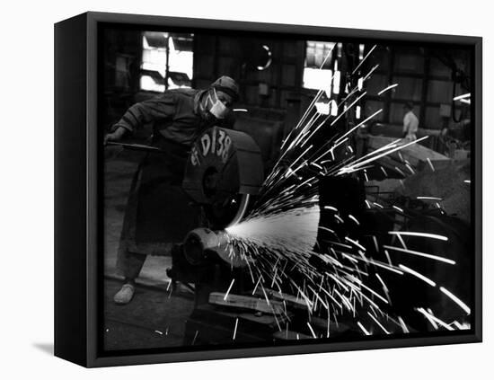 Japanese Worker Cutting Steel Pipe W. Huge Power Saw at Yawata Steel Mill-Margaret Bourke-White-Framed Premier Image Canvas