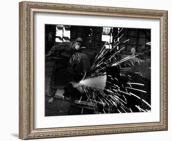 Japanese Worker Cutting Steel Pipe W. Huge Power Saw at Yawata Steel Mill-Margaret Bourke-White-Framed Photographic Print